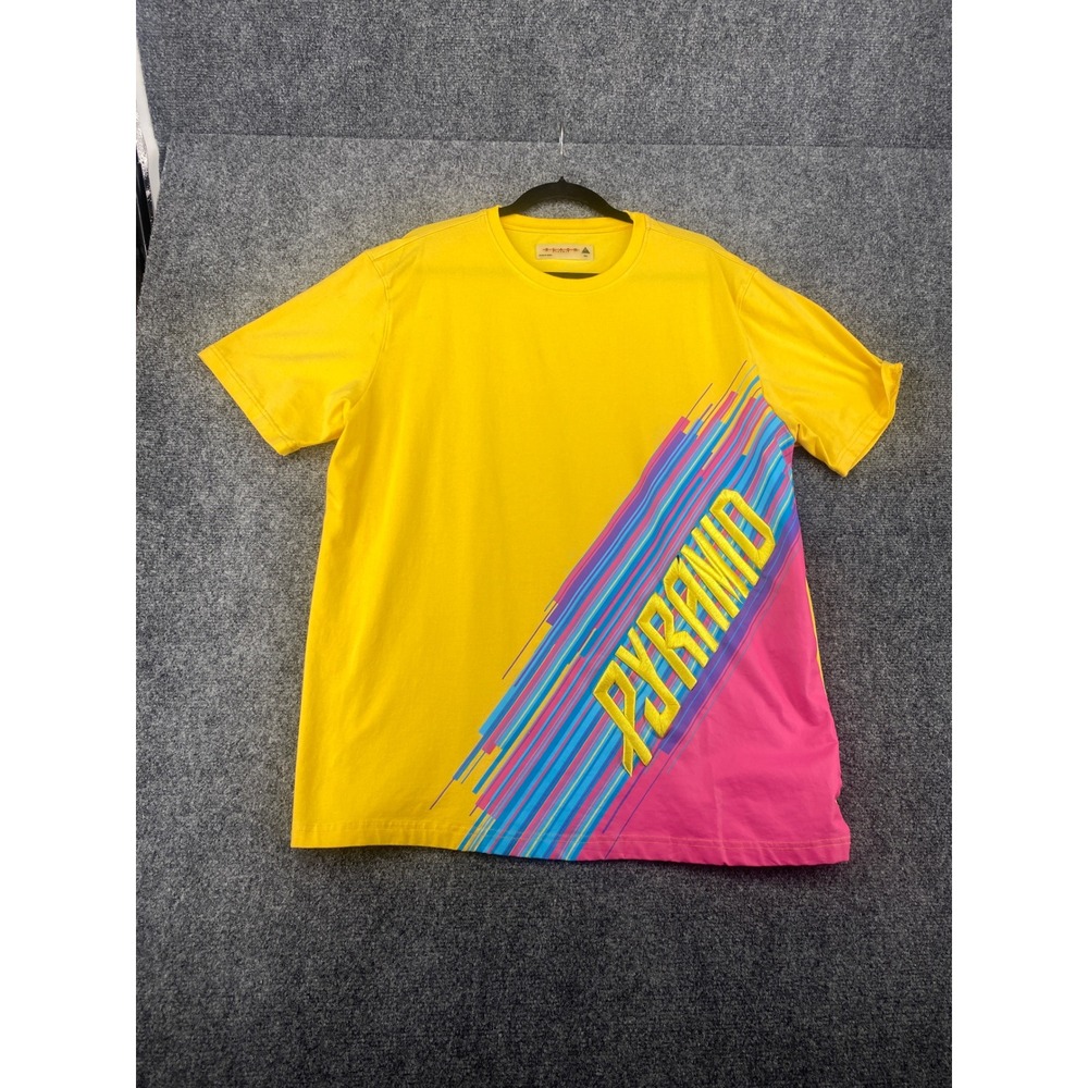 Black Pyramid Graphic T-Shirt Mens XXL Yellow Pink Blue Stripe Streetwear Tee